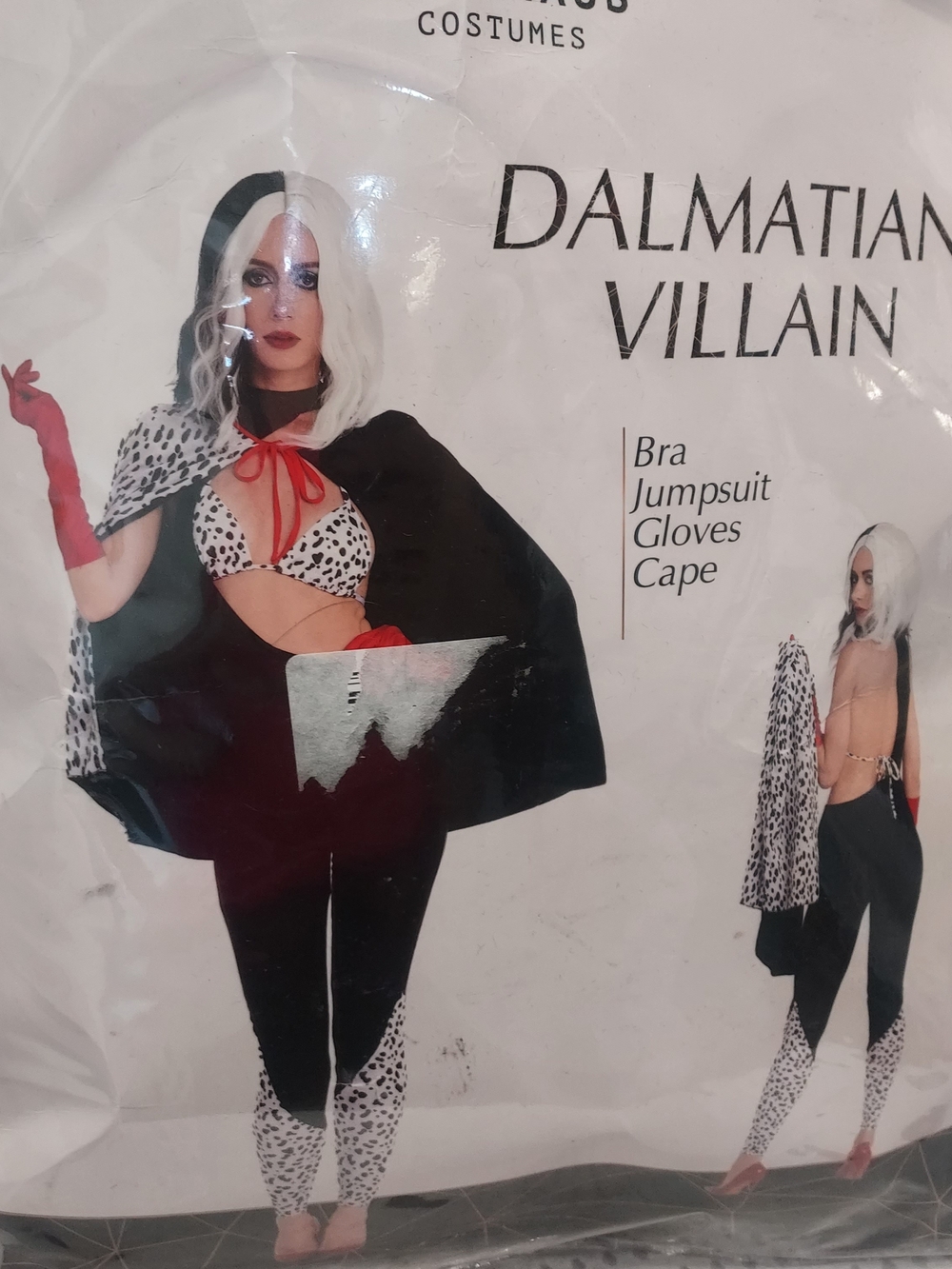 Dalmatian Villain  Costume - Black & White Cape, Jumpsuit, Gloves